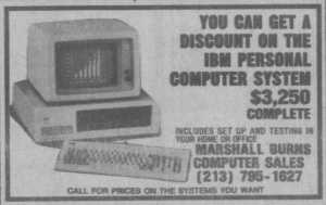 Ad for first PC clone, Marshall Burns Computer Sales, 1982