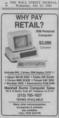 Ad for first PC clone, Wall Street Journal, 1982, Marshall Burns Computer Sales, Pasadena, CA